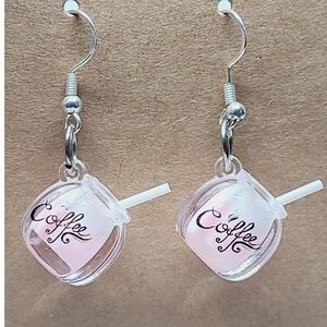 Handmade Pink Coffee Cup Miniature Dangle Earrings Silver Tone Fishhook 1.5"